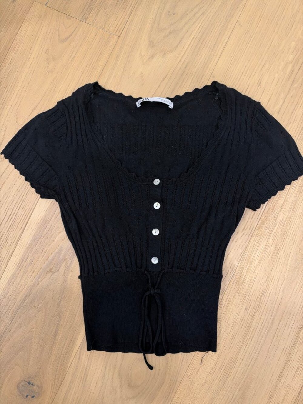 ZARA Black Ribbed Knit Button Top Women's M